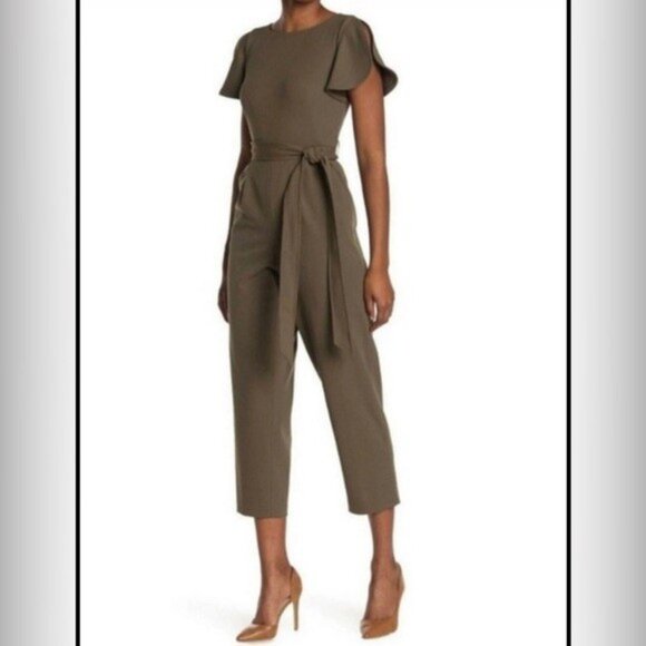 Calvin Klein Olive Green Tulip Sleeve Tie Waist Jumpsuit Size 8 - Picture 1 of 6